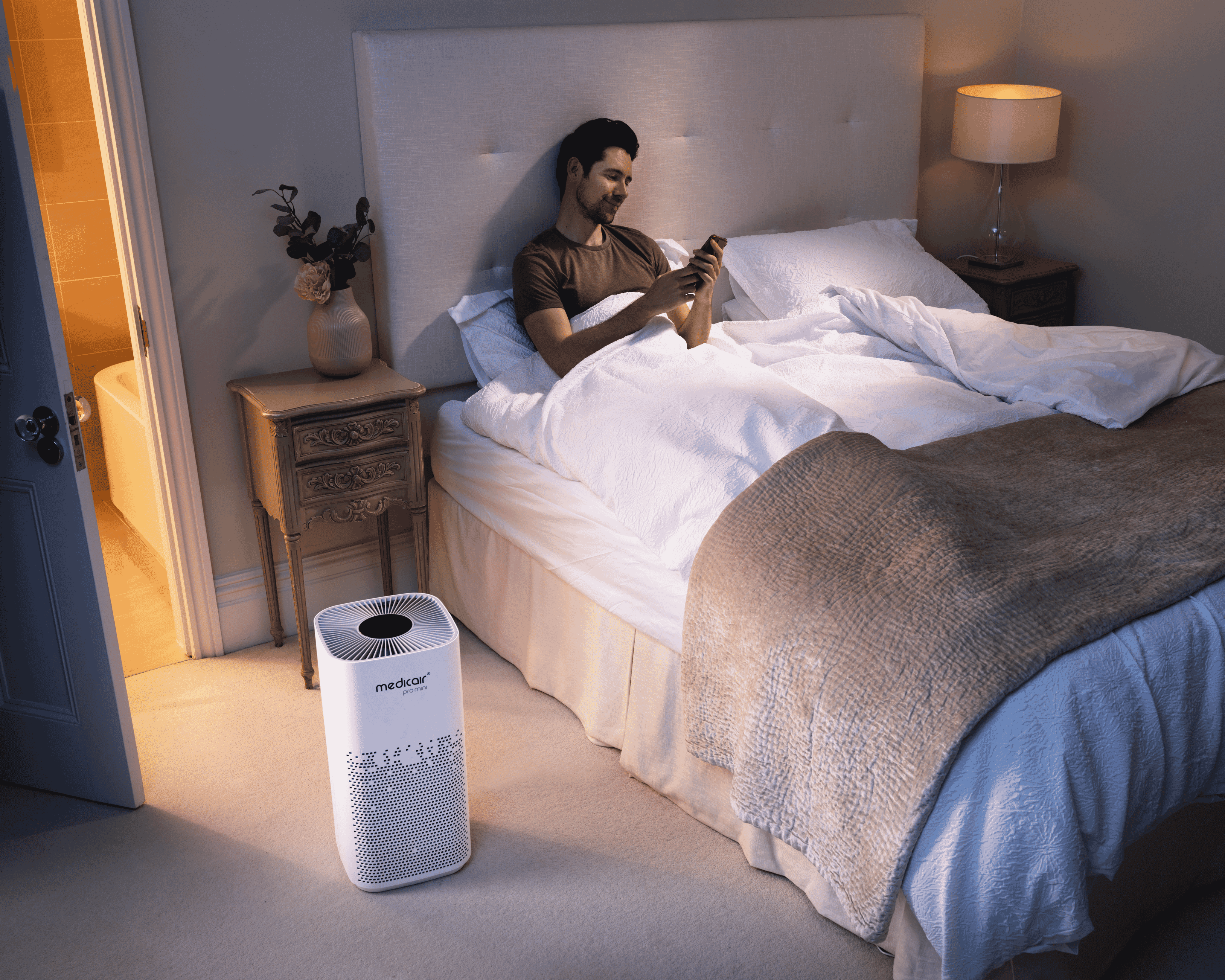 MedicAir air purifiers providing nighttime relief in the bedroom.